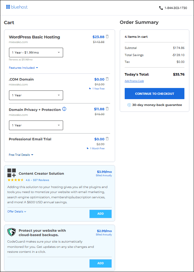 Bluehost Hosting Order Summary