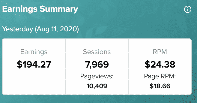 earnings summary for a single day on Mediavine shows how much you can earn doing side job as a teacher