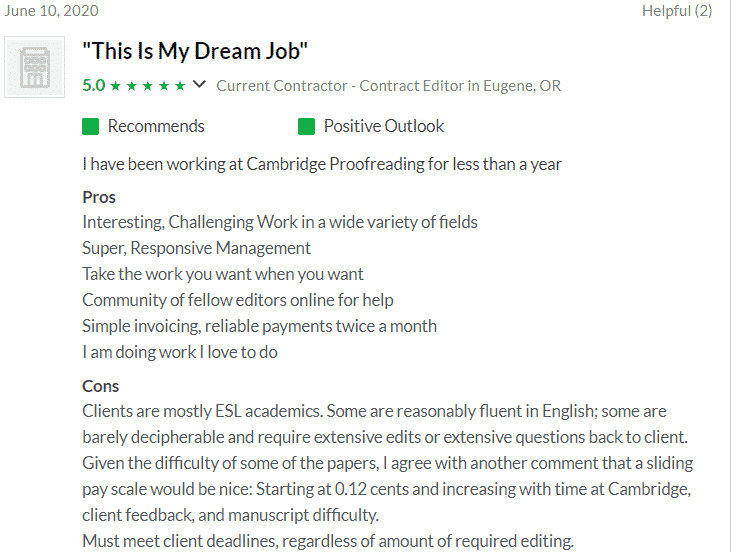 Employee Review of Cambridge Proofreading on Glassdoor